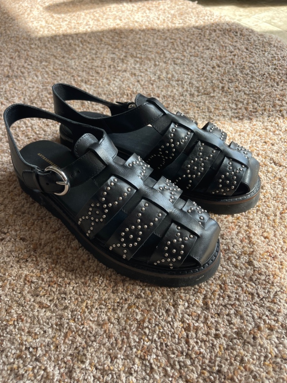 Anthropologie Black Studded Cage fisherman Sandals